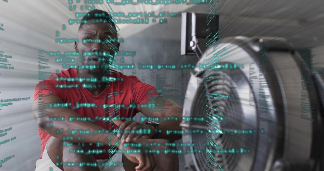 Man Rowing in Gym with Digital Data Visualization Overlay