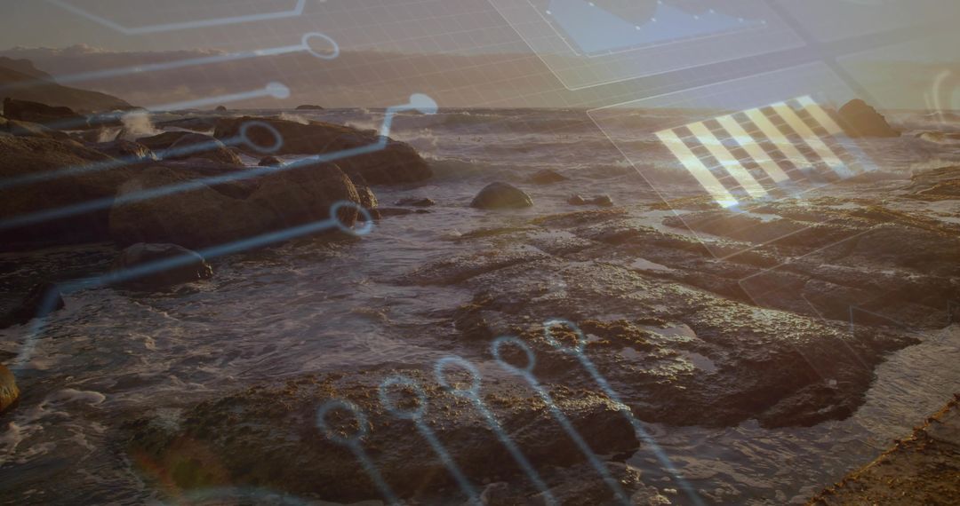 Sunset Coast with Circuit Overlay Merging Digital Grid and Rocky Tide Pools