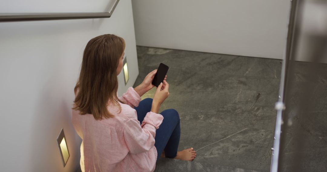 Woman Sitting on Stairs Using Smartphone in Modern Setting - Free Images, Stock Photos and Pictures on Pikwizard.com