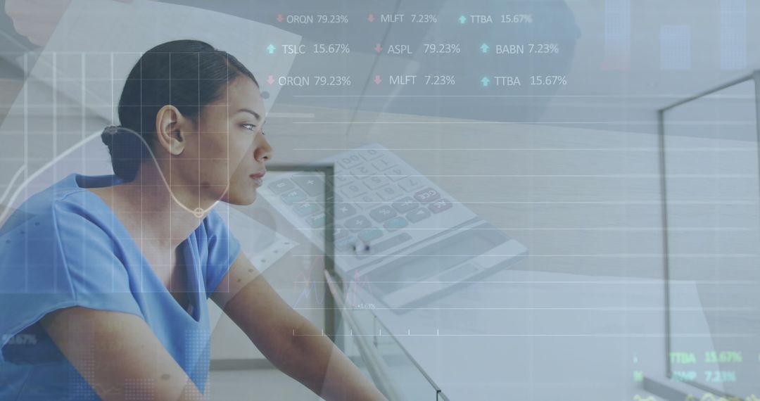 Female Doctor Analyzing Financial Data on Computer Screen