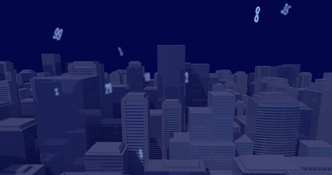 Futuristic Digital Interface with Falling Numbers over Cityscape