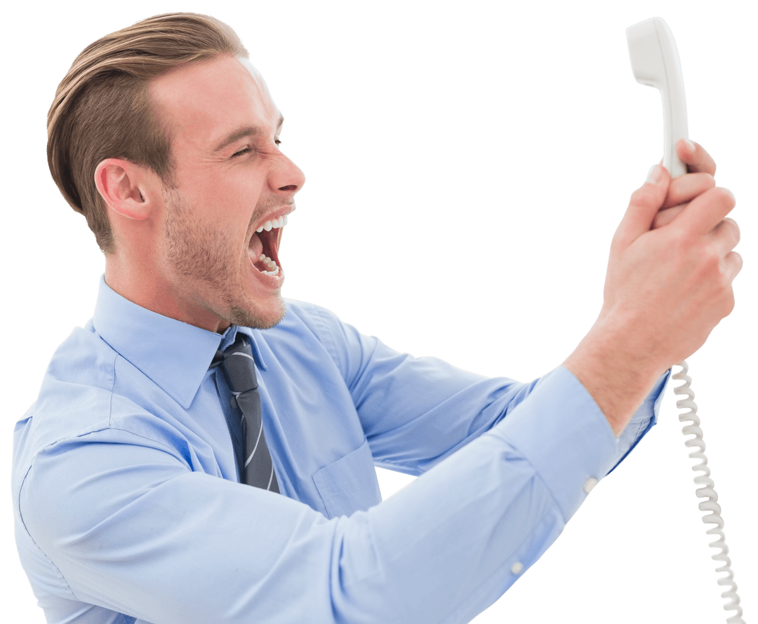 Transparent Background: Angry Businessman Shouting at Phone