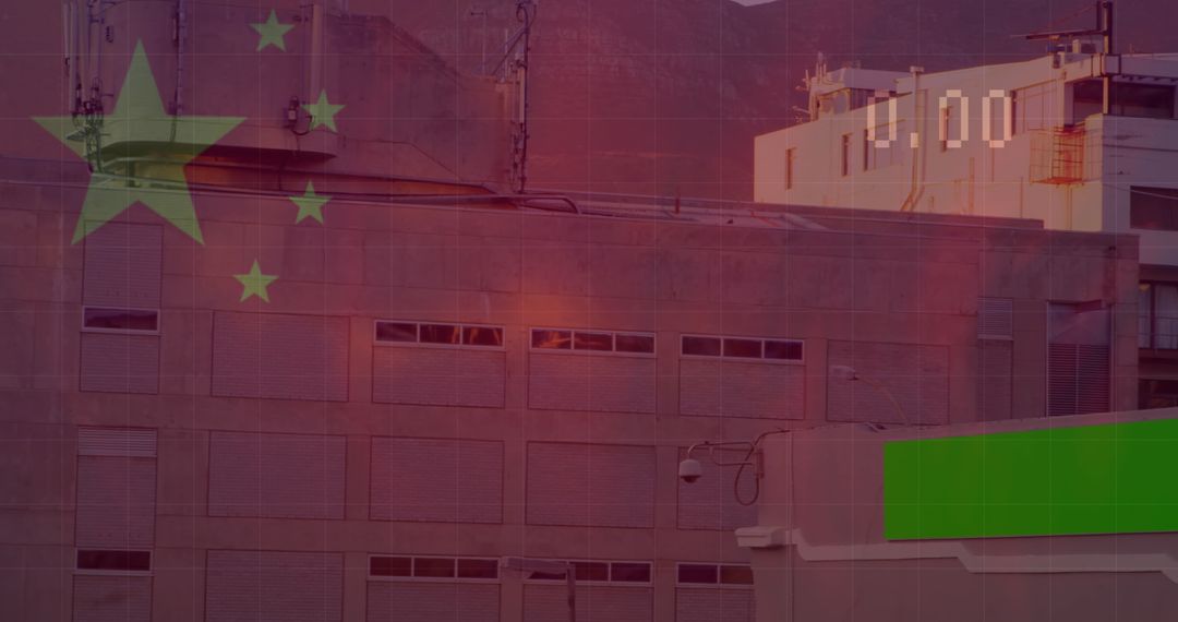 Chinese Flag Overlay with Urban Landscape and Data Visualization