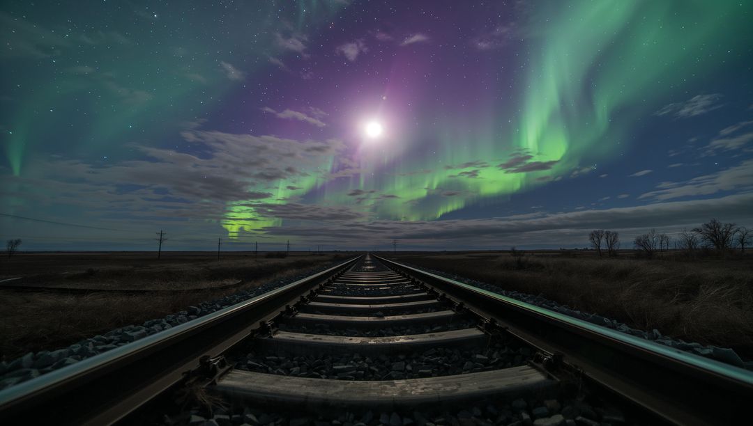 Leading Railroad Tracks Drawing Eye Toward Horizon Under Aurora Borealis and Moonlight