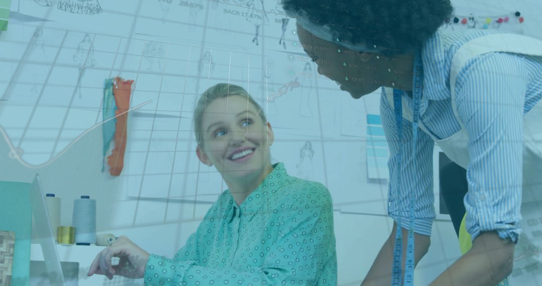 Diverse Business Colleagues Collaborating with Digital Financial Data Overlay