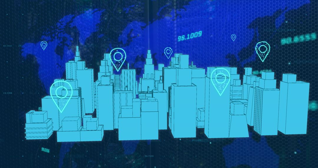 Virtual Cityscape with Digital Location Pins Over World Map