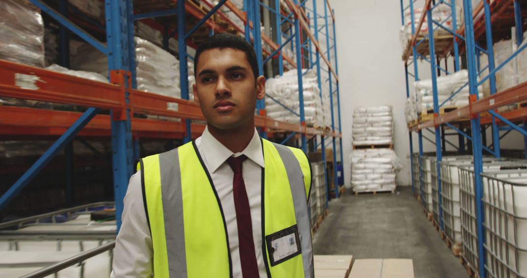 Confident Warehouse Supervisor Wearing High-Visibility Vest - Free Images, Stock Photos and Pictures on Pikwizard.com