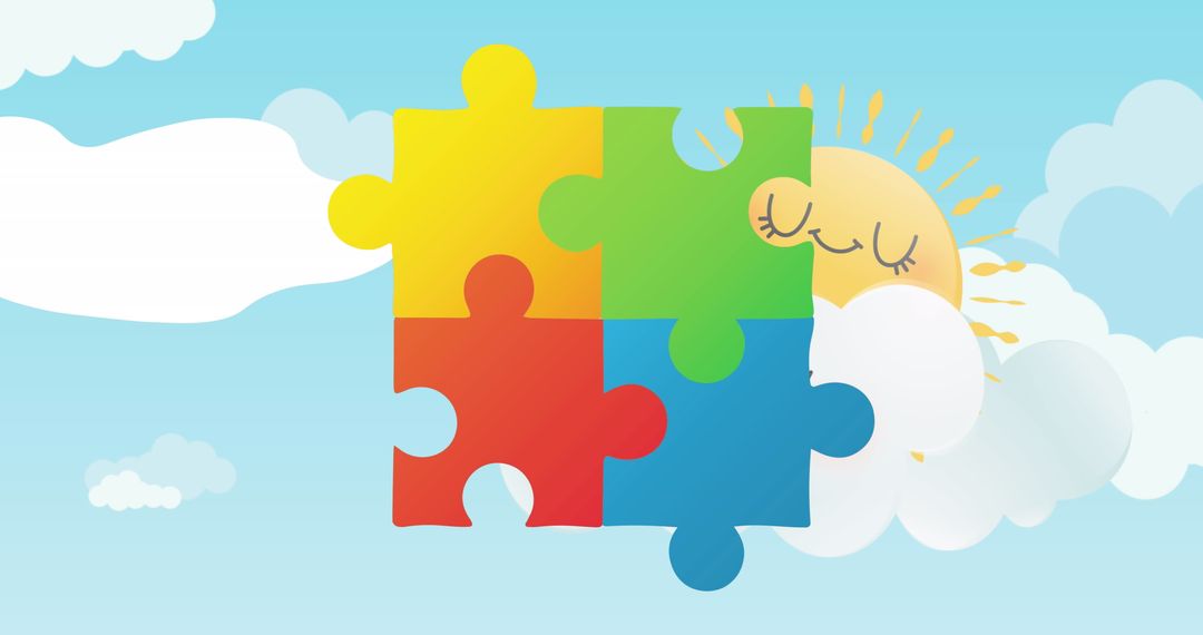 Vibrant Puzzle Pieces Joined in Happy Sky with Smiling Sun