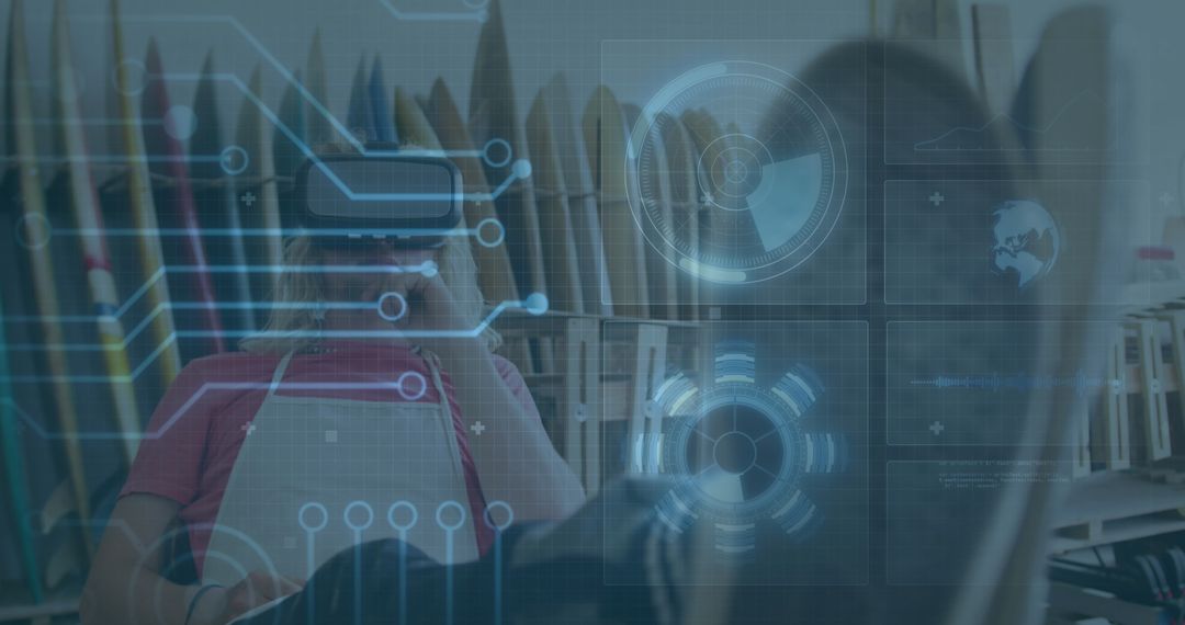 Person Experiencing Virtual Reality With Futuristic Holographic Graphics