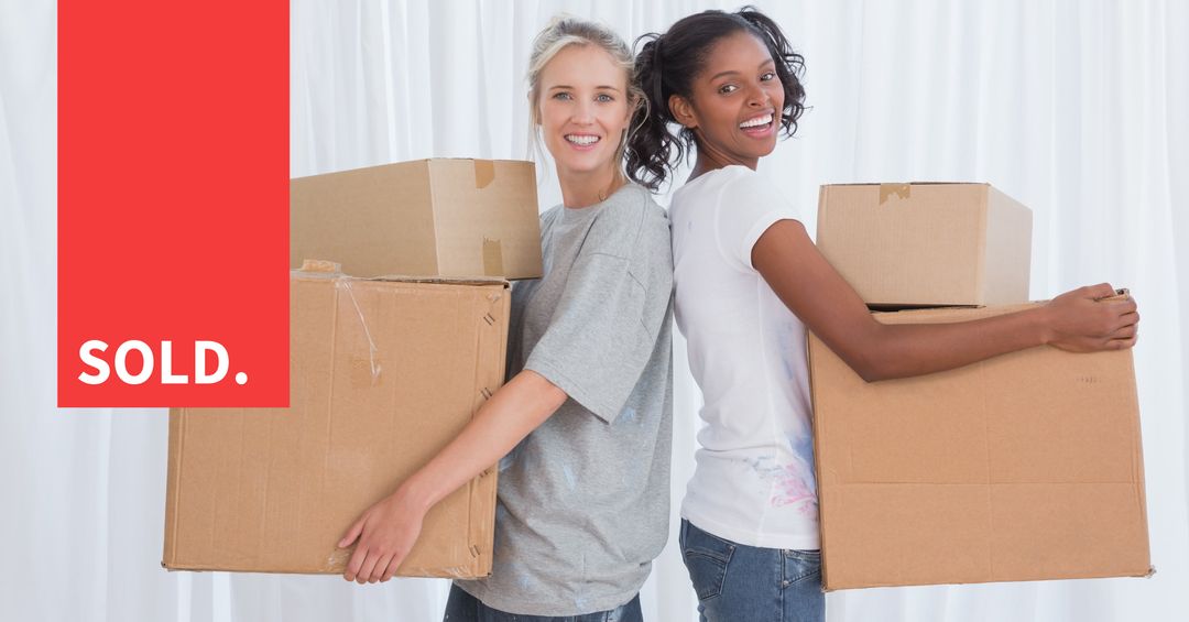 Happy Women Moving into New Home Holding Cardboard Boxes - Download Free Stock Templates Pikwizard.com