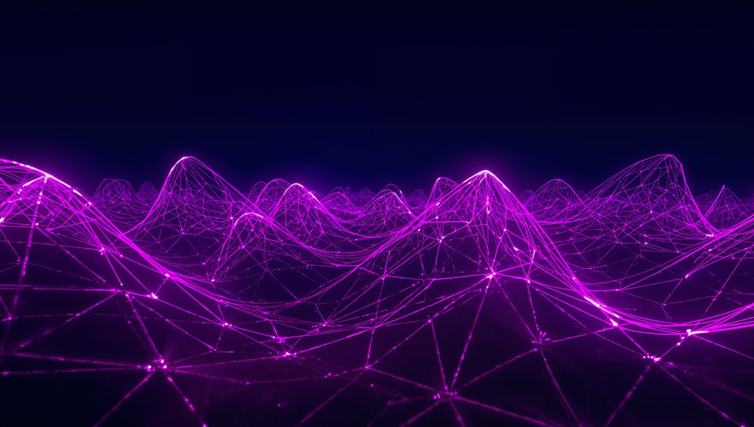 Neon Magenta Wireframe Landscape with Glowing Nodes, Network Connections and Digital Grid