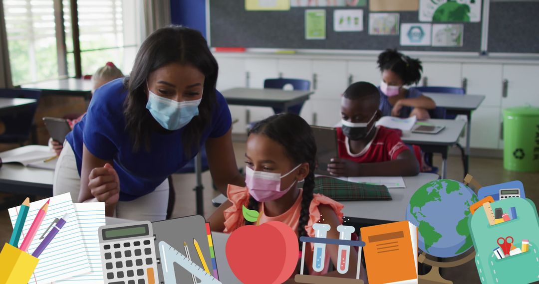 Teacher Assisting Students in Classroom with Digital Learning Icons