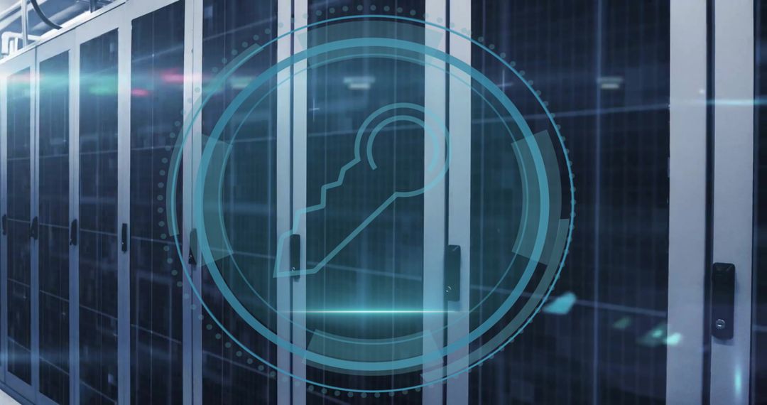 Abstract Cybersecurity Key Icon Overlaying Server Room