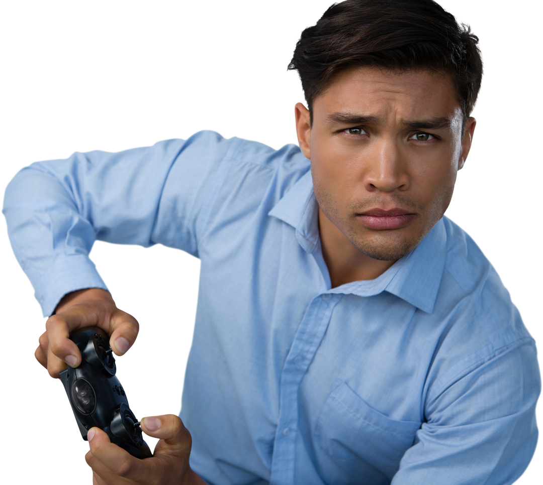 Modern businessman playing video game with serious focus on white transparent background - Download Free Stock Images Pikwizard.com