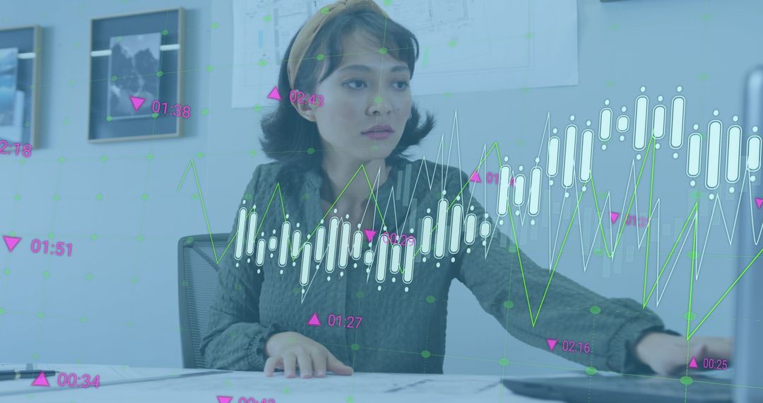 Businesswoman Analyzing Data with Graphs Overlaid