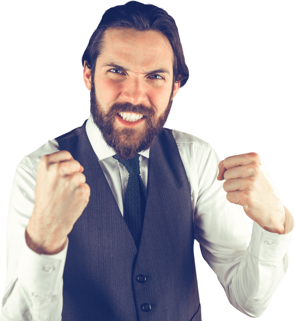 Expressive Businessman Celebrating with Enthusiasm on Transparent Background