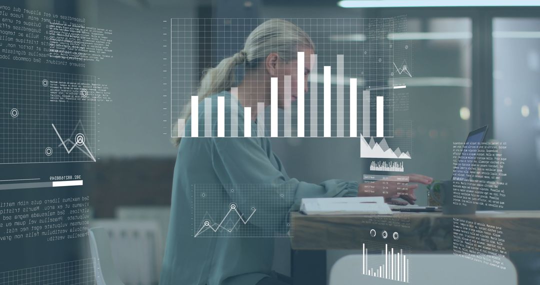 Caucasian Businesswoman Analyzing Digital Data Graphs in Modern Office Setting