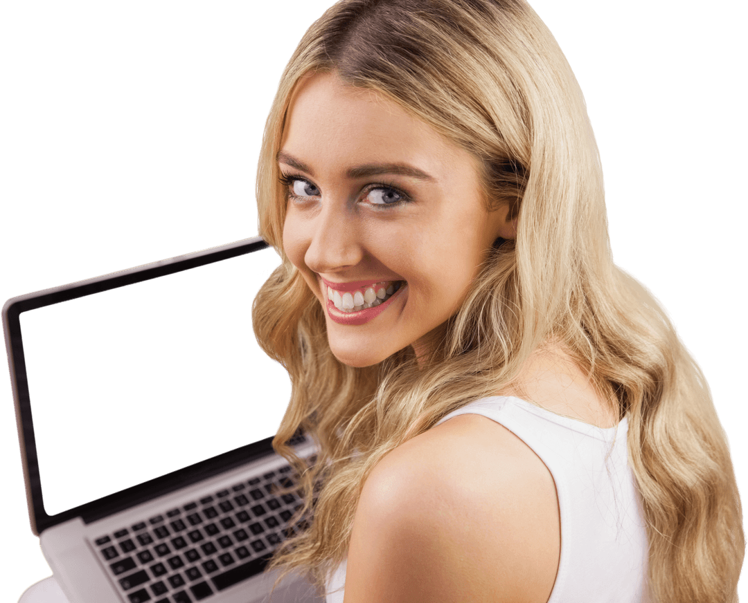 Smiling Woman Using Laptop Transparent Background