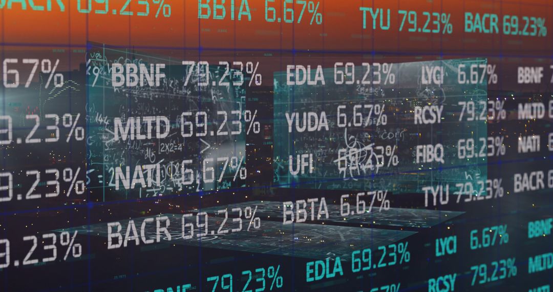 Complex Financial Data Overlaying Urban Night Skyline