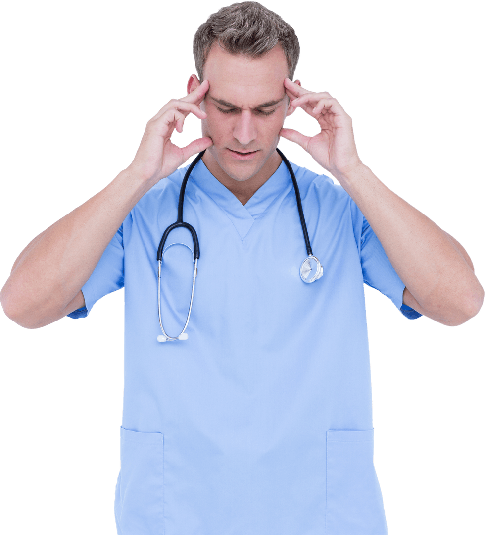 Transparent Surgeon in Scrubs Experiencing Headache