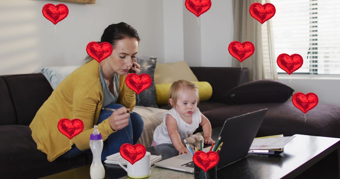 Busy Mother Multitasking While Balancing Work and Childcare