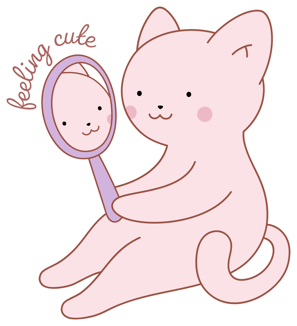 Kawaii Pastel Pink Cat with Mirror on Transparent Background