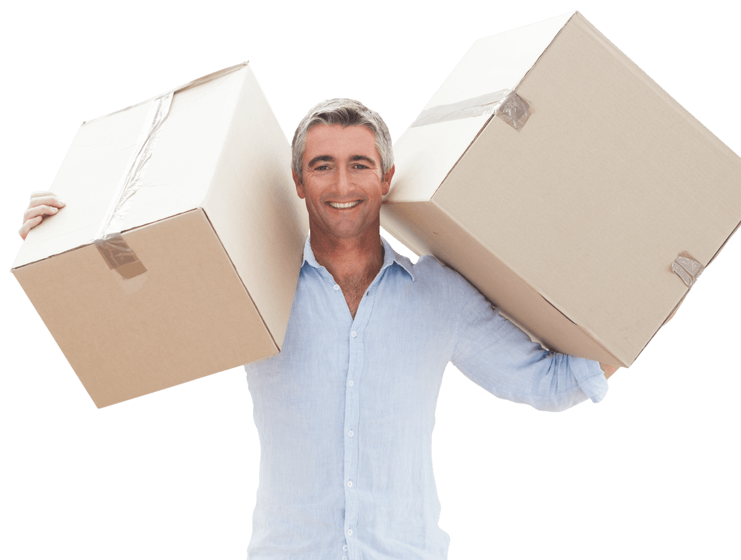 Smiling Man Carrying Two Large Cardboard Boxes - Transparent Background