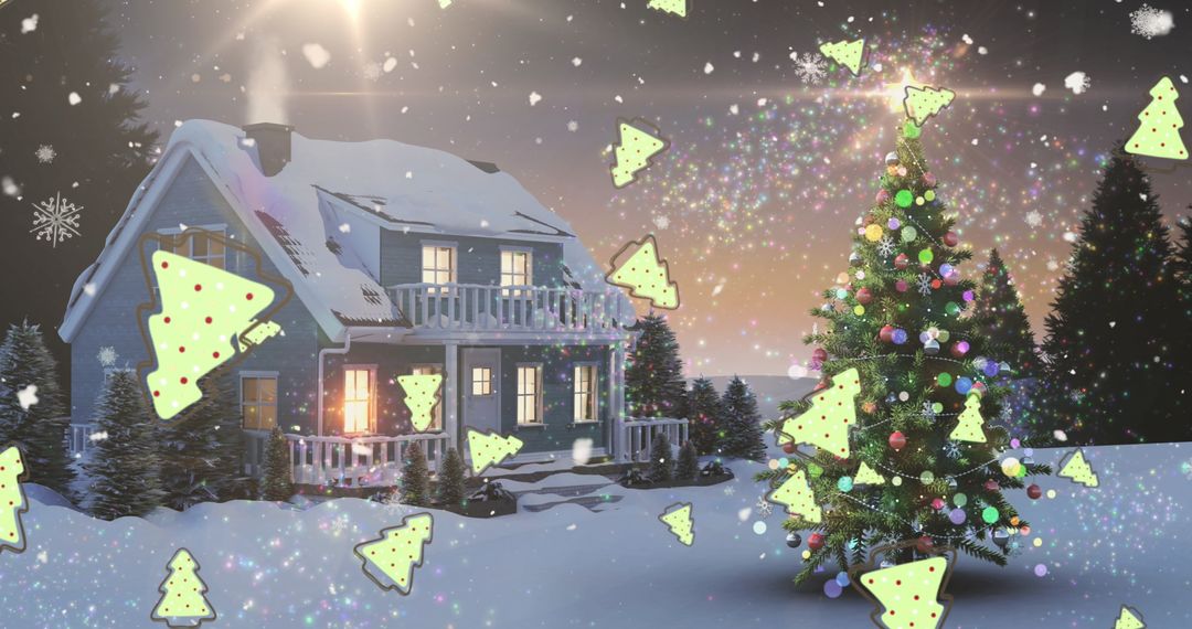 Magical Winter Scene with Snowy House and Christmas Tree Illumination