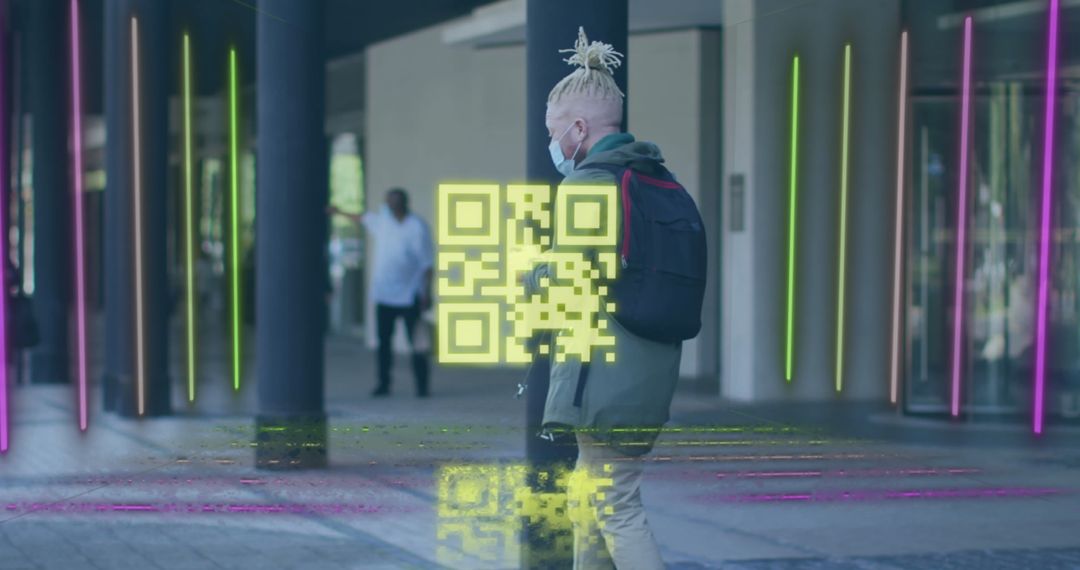 Masked Man Scanning QR Code for Urban Innovation Connectivity