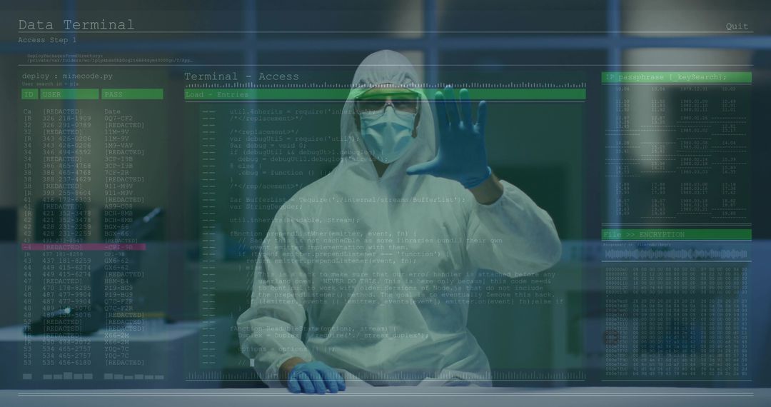Technician in Protective Suit Interacting with Holographic Interface