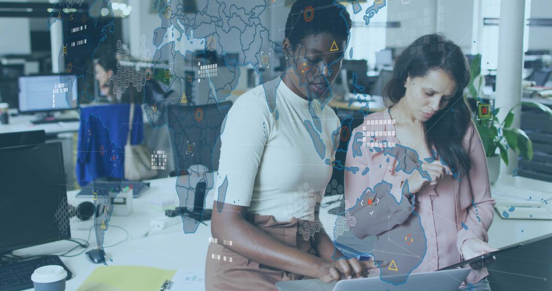 Collaborating on global data visualization with AR map on laptop and tablet in office