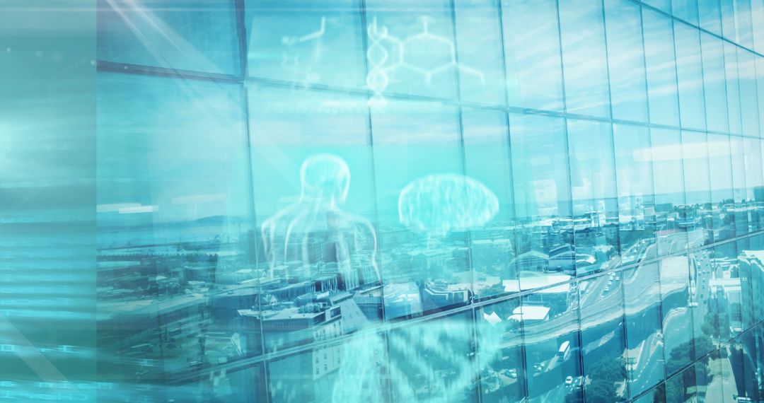 Digital Medical Data Overlay on Futuristic Cityscape