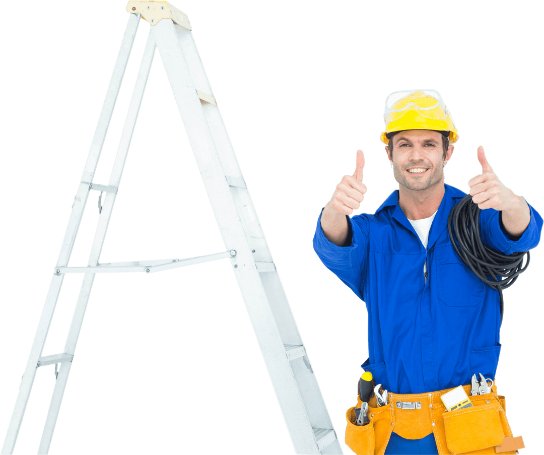 Electrician Giving Thumbs Up Next to Ladder on Transparent Background