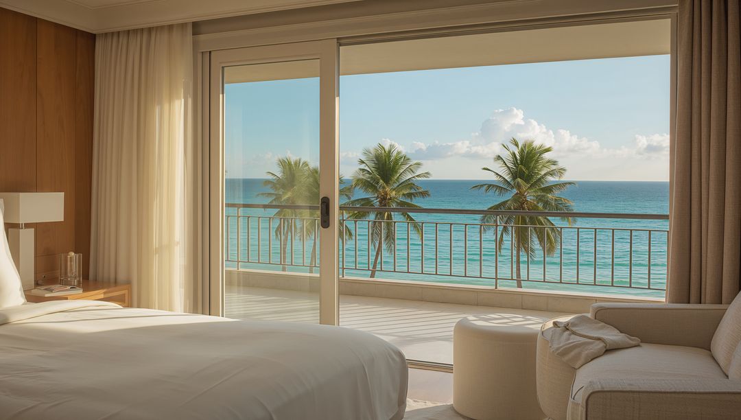 Luxury oceanfront suite overlooking turquoise sea and palm trees through sliding doors