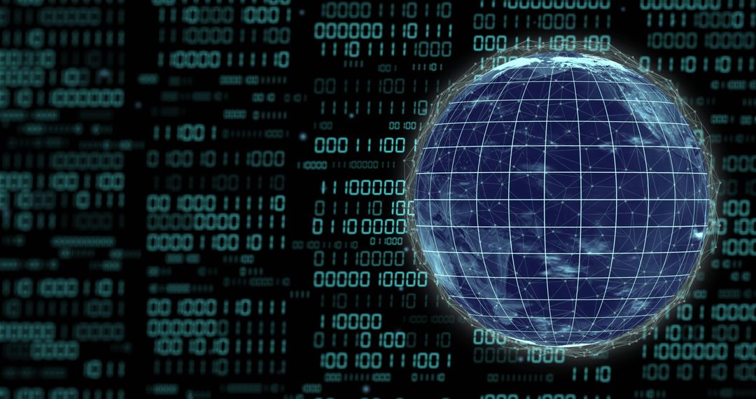 Globe Encased in Digital Grid With Binary Data Background