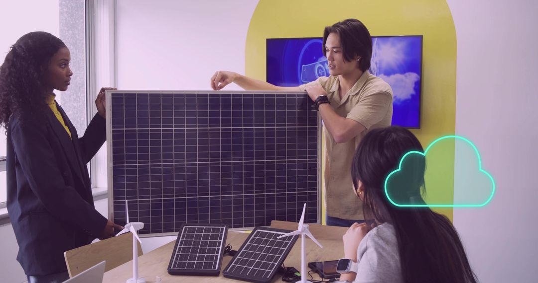 Diverse Team Exploring Renewable Energy Solutions in Modern Tech Office