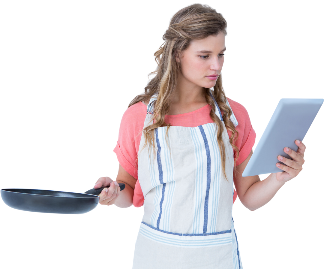 Woman in Apron Using Tablet and Holding Frying Pan Against Transparent Background - Download Free Stock Images Pikwizard.com