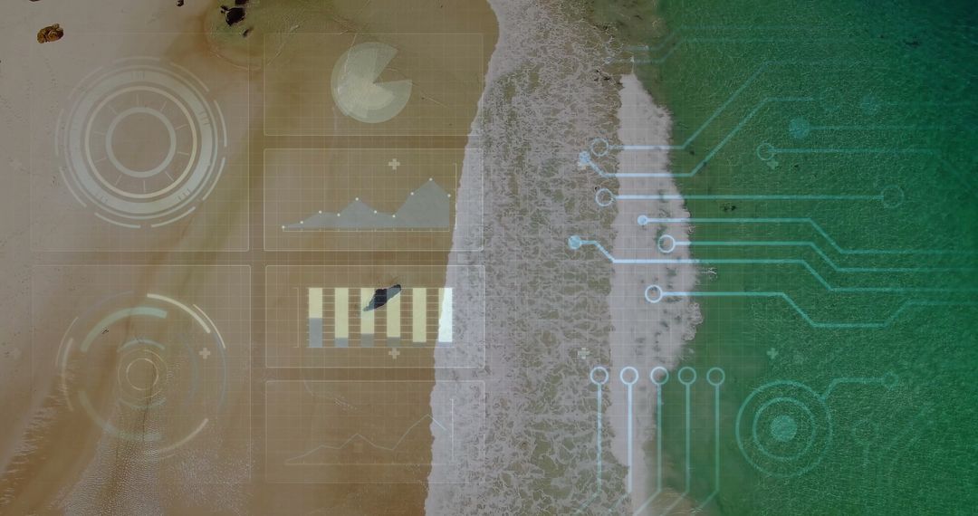 Futuristic Beach Overlay with Technology Grid and HUD Elements