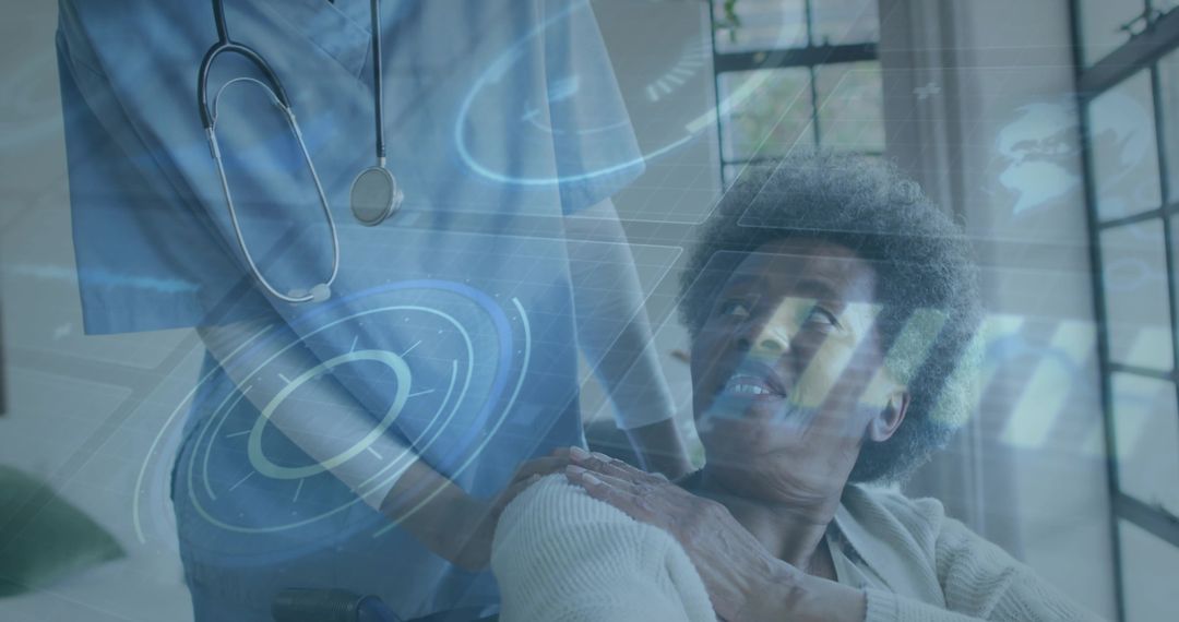 Nurse Supporting Wheelchair User with Digital Data Overlay