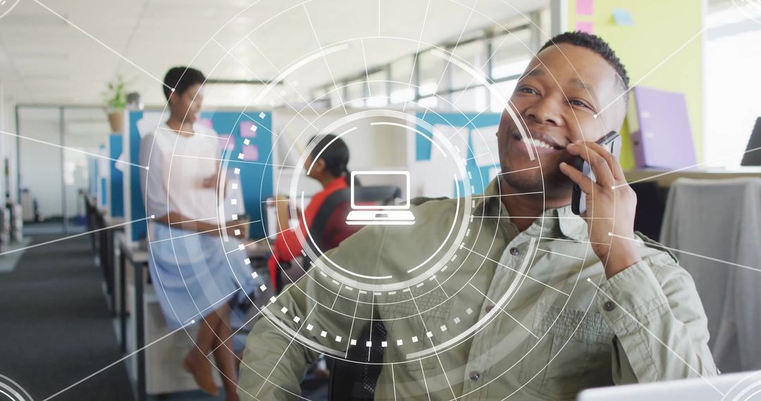 Digital Interface Overlaying Teamwork in Modern Office