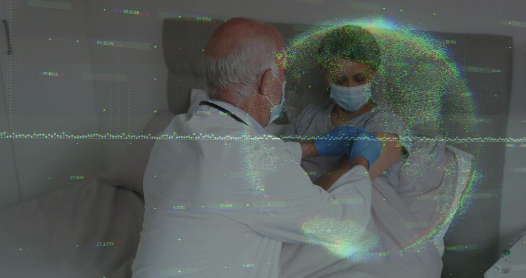 Elderly patient receiving vaccine bedside while doctor administering with holographic globe