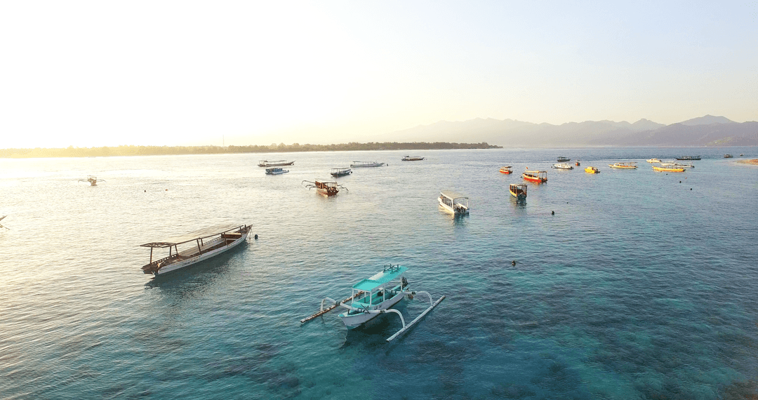 Aerial View of Boats on Lake with Clear Sky at Sunset