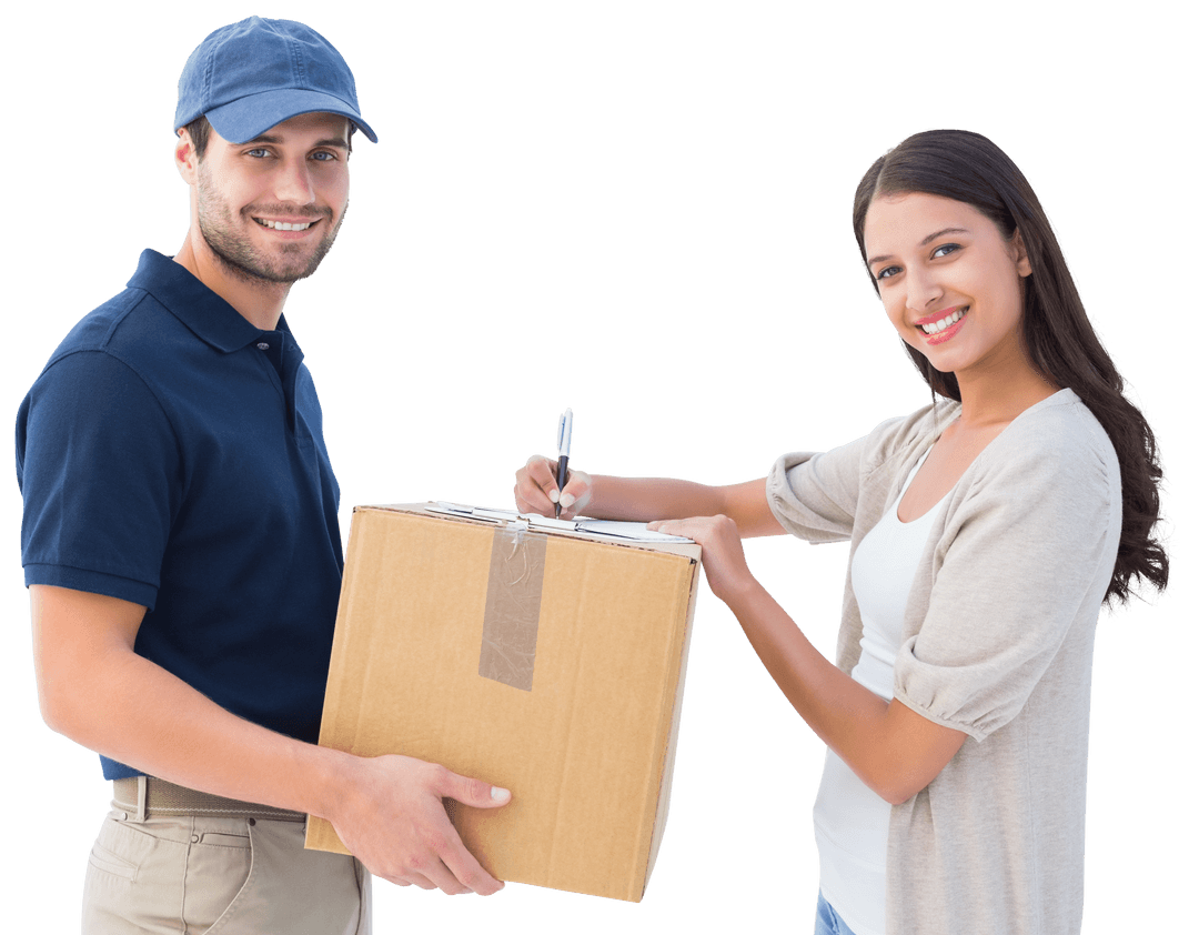 Transparent Smiling Courier Delivering Box to Happy Customer