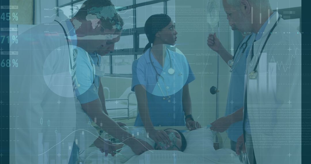 Diverse Medical Team Analyzing Data with Patient Interaction Overlay