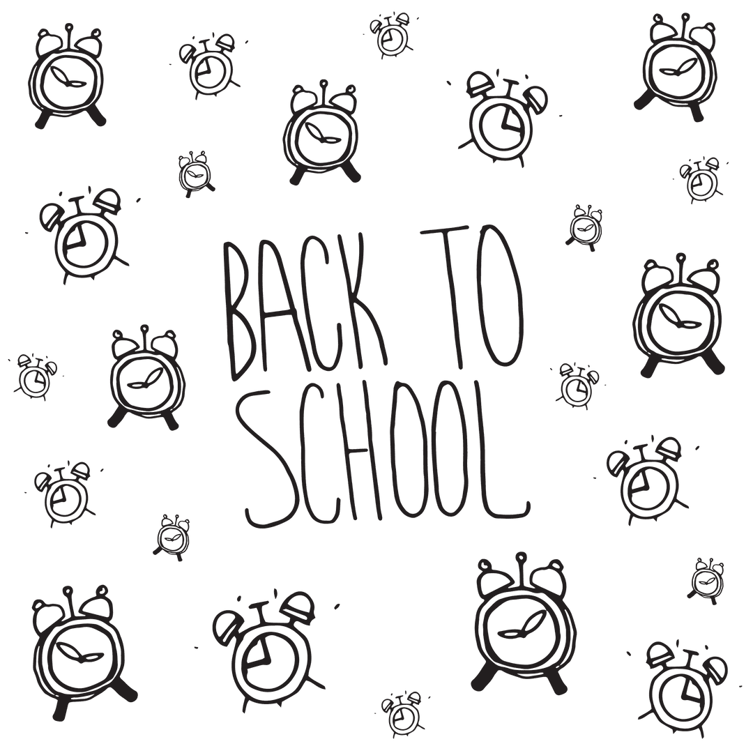 Back to School Black Text with Alarm Clocks Transparent Background