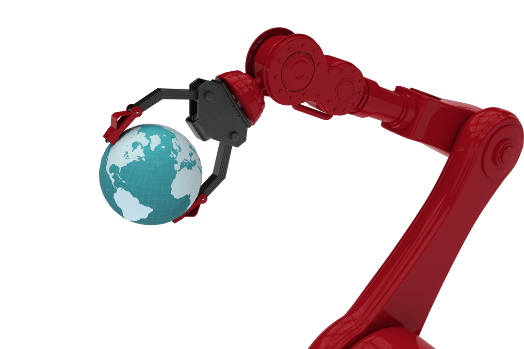 Red Robotic Claw Holding Transparent Globe with Precision