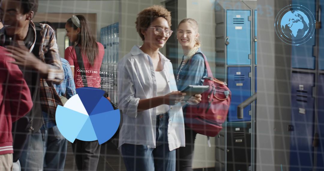 Students Using Augmented Reality Tablet in School Hallway Showing Holographic Data