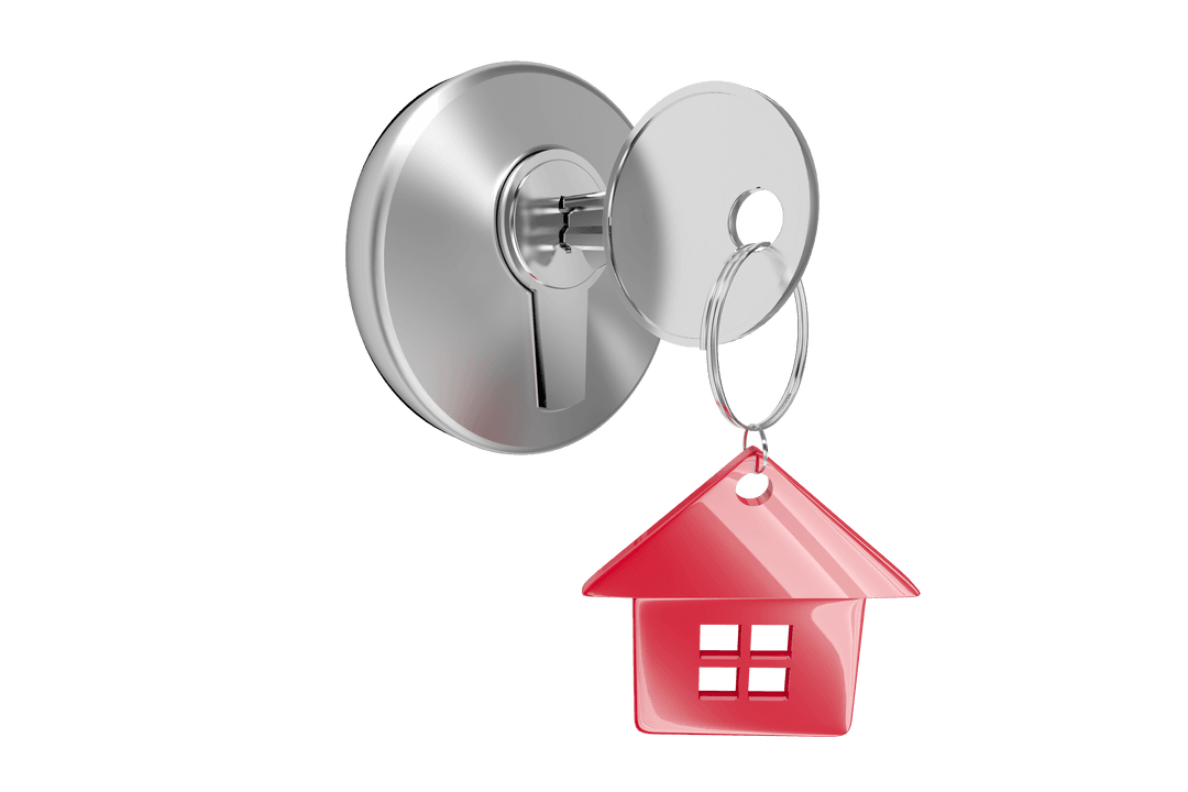 3D Rendered Silver Key Inserted with Red House Keychain Isolated on Transparent Background