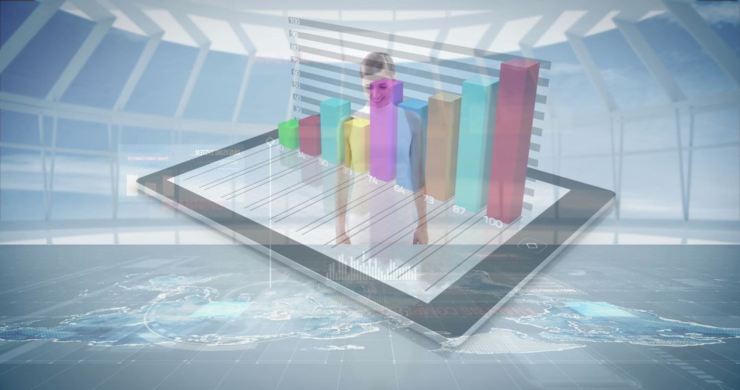 Futuristic Bar Graph Displayed on Holographic Tablet in Atrium