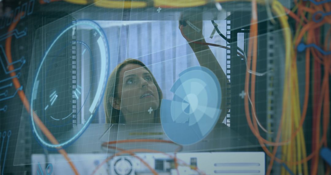 Female Technician Working on Servers in Data Center with Augmented Reality Overlay - Free Images, Stock Photos and Pictures on Pikwizard.com